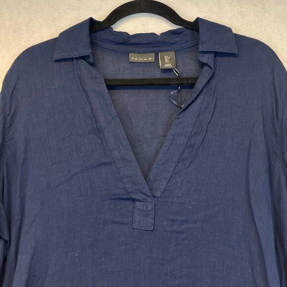 NWT TAHARI Linen Dress Sz Large Navy Blue 2-Way Wear Midi Long Sleeve Collared - Picture 3 of 12